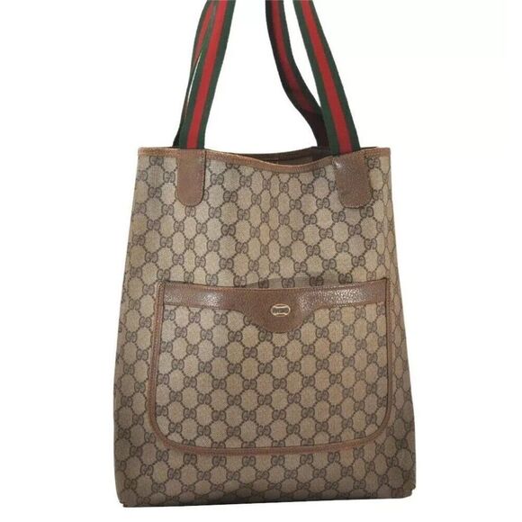 Authentic GUCCI Web Sherry Line Shoulder Tote Bag GG PVC Leather Brown 2669L